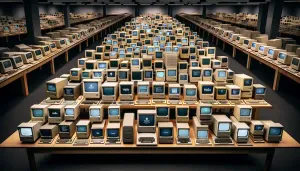 AI created image of a hall full of obsolete Macintosh-style computers