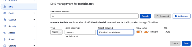 Panel from Cloudflare account where you add new DNS records. Example shows addition of a CNAME record.