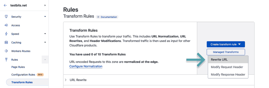Domain Tranform Rules panel in Cloudflare account. Screenshot pointing to Rewrite URL link