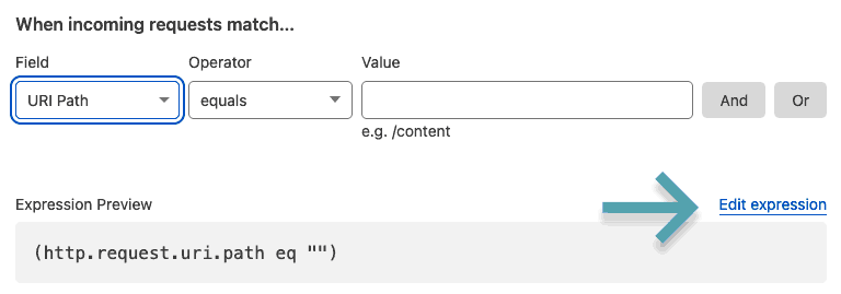 Transform Rule creation page within Cloudflare account. Arrow pointing to 'edit expression' link.