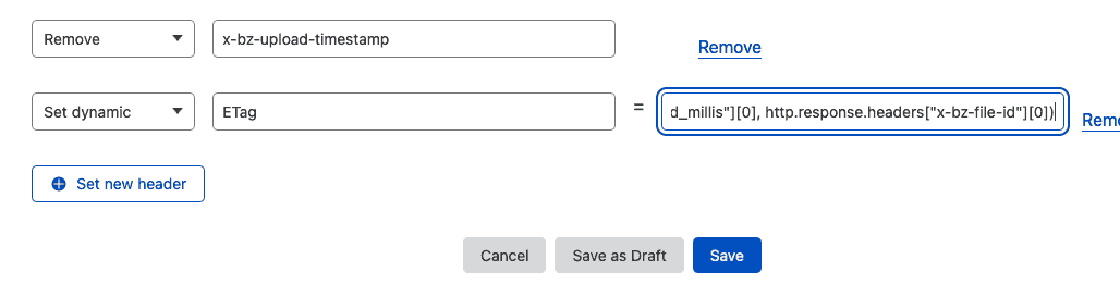 Screenshot showing how to set an ETag header in Cloudflare Header Response Modification rule