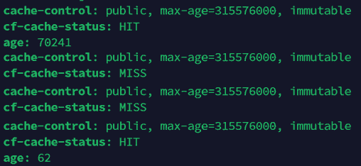 Edited down screenshot showing Cloudflare cache's HIT and MISS results