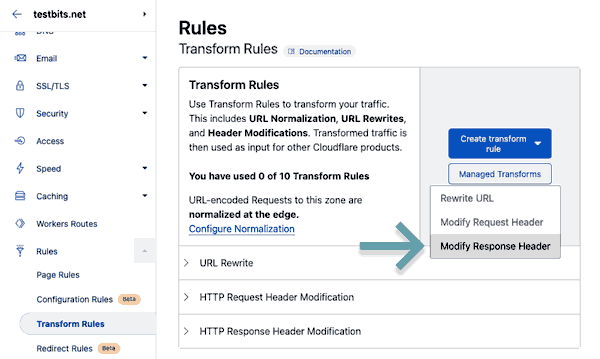 Domain Tranform Rules panel in Cloudflare account. Screenshot pointing to Modify Response Header link