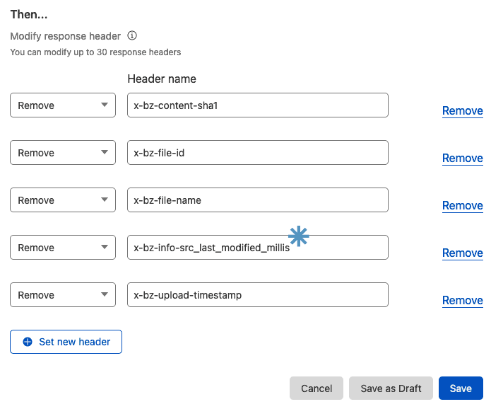 Screenshot showing the lines required to remove x-bz-* response headers from Backblaze