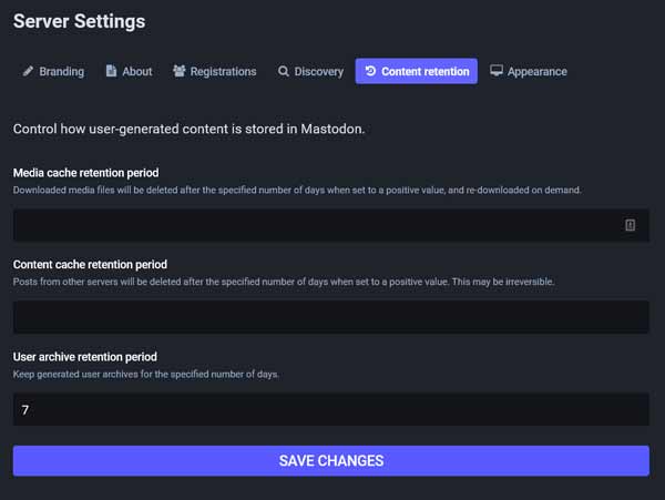Screenshot show the 'content retention' pane in the Mastodon instance admin section