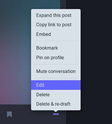 Screenshot showing the 'Edit' option on a Mastodon post