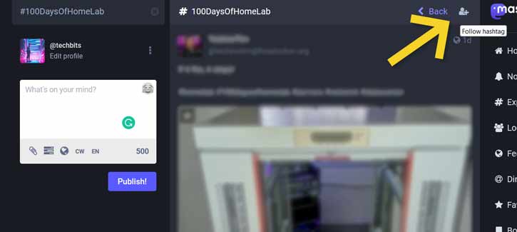Screenshot showing the location of the follow icon when trying to follow a hashtag in Mastodon