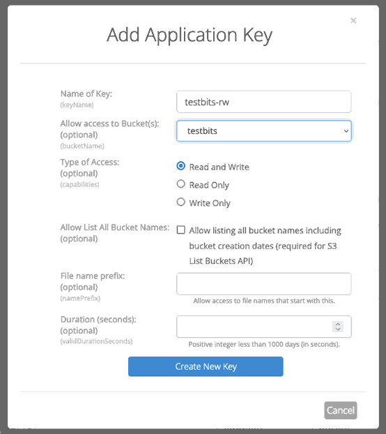 Showing API key creation pane