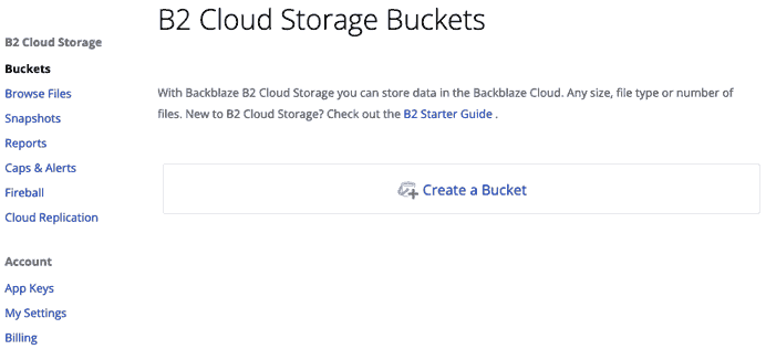 Screenshot showing Backblaze account before any buckets have been created