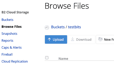 File upload icon within a 'browse files' pane within the Backblaze bucket