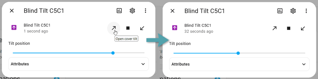 Screenshots showing the behaviour of the Home Assistant blind cover entity when pressing 'open' from a partially closed-up position.