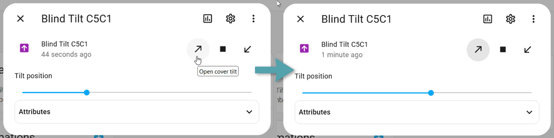 Screenshots showing the behaviour of the Home Assistant blind cover entity when pressing 'open' from a partially closed-down position.