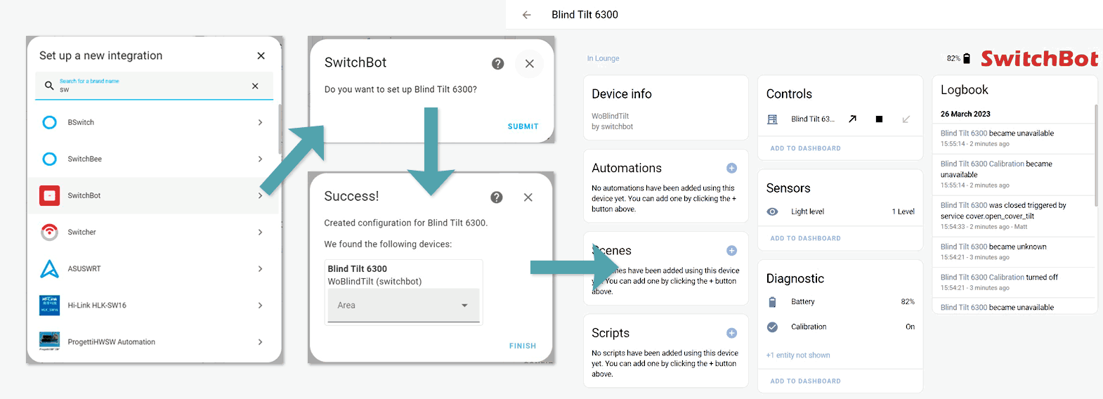 Series of screenshots showing how to add the SwitchBot integration in Home Assistant and how to add a new device. Finally, the view of the device once added.