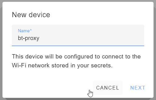 Screenshot showing a prompt to enter a device name from ESPHome.