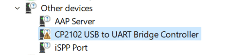 Screenshot showing Windows Device Manager and the CP2102 device showing a warning triangle, indicating it couldn't find a driver.