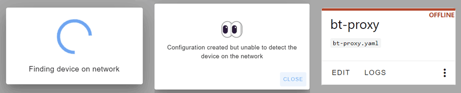 Trio of screenshots showing esphome trying to find the device on the network, failing to find the device, and that the new device shows as offline.