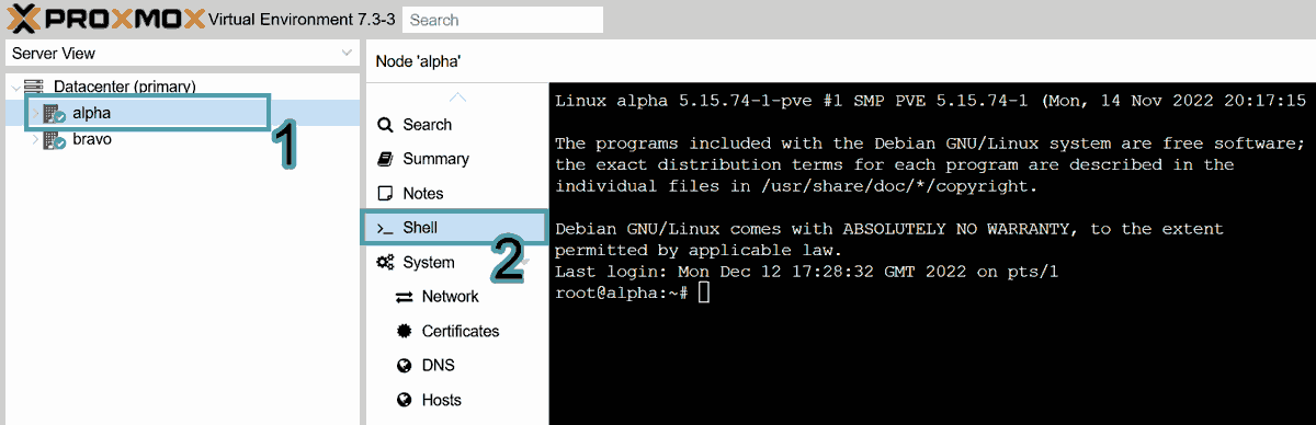 Screenshot showing how to get to the Proxmox hypervisor shell, where you can then run the Home Assistant install script