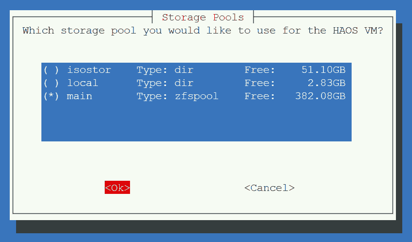 Screenshot of the Proxmox Home Assistant Setup Script: asking the user to select a storage pool