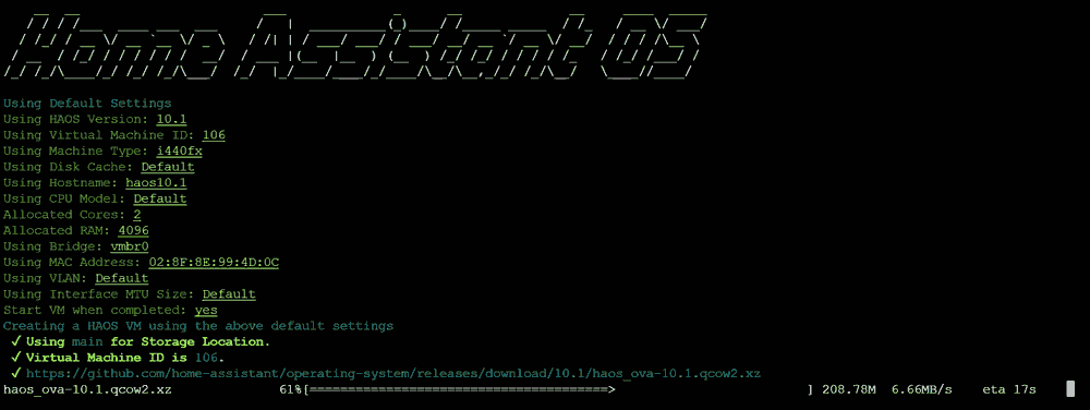 Screenshot of the Proxmox Home Assistant Setup Script: showing the progress of the HAOS image.