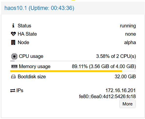 Screenshot from the Proxmox web interface, showing some stats of the newly created VM, including its IP address.