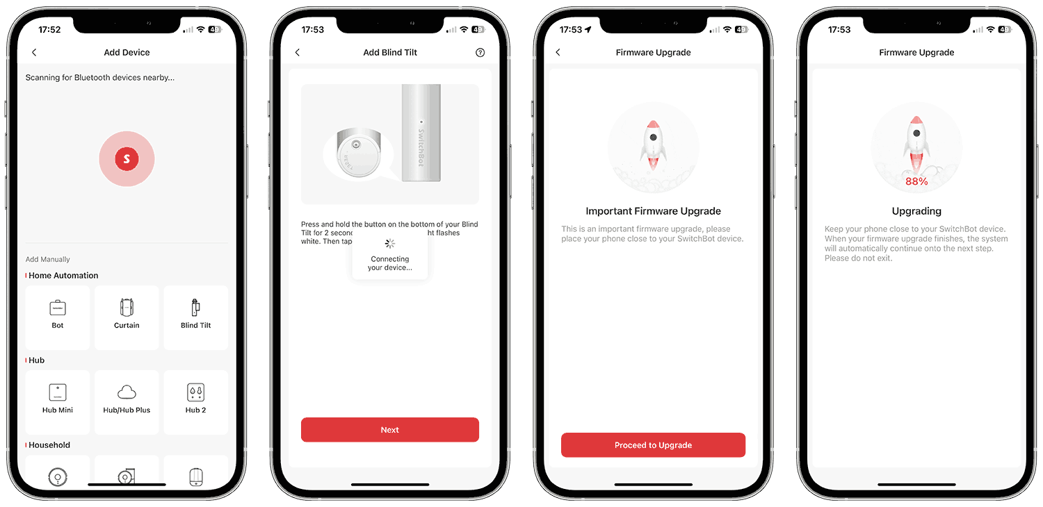 4 screenshots from the SwitchBot iOS app: 1: showing app scanning for nearby Bluetooth Devices. 2: instructing user to press and hold button on the blind tilt to enable pairing mode. 3: warning that a firmware upgrade is required. 4: showing progress of the firmware upgrade.