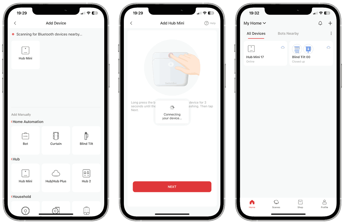 3 screenshots from the SwitchBot iOS app. 1: Showing the 'add device' section, where it has detected a Hub Mini. 2: instruction to long-press the button on the Hub Minim with a 'connecting your device' message overlaid. 3: Showing the Home section of the app, where the Hub Mini and the Blind Tilt can now both be found.