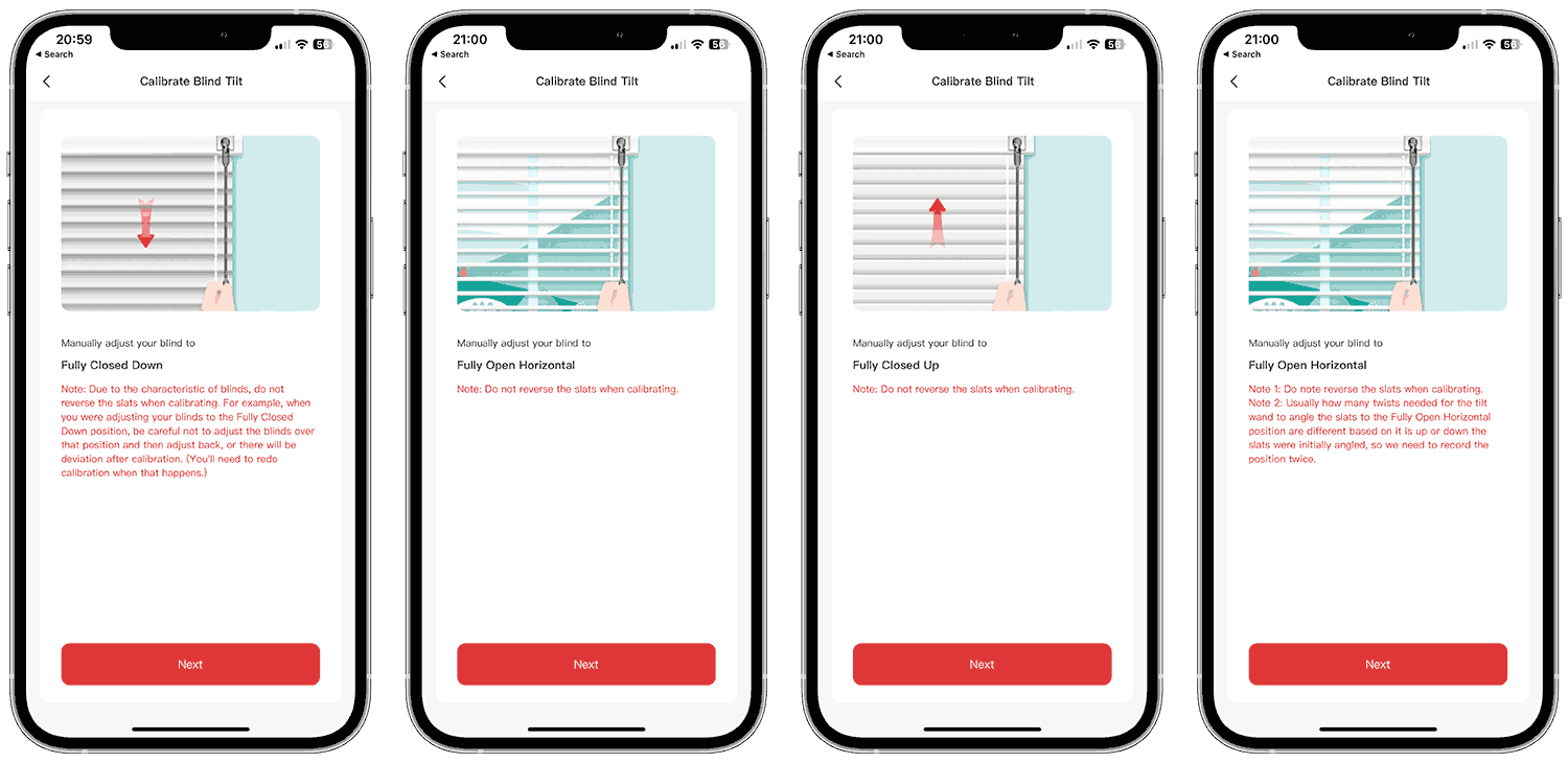 4 screenshots showing the BlindTilt calibration process. Instructing user to close the blind downwards, open it horizontally, close the blind upwards, and open horizontally again.