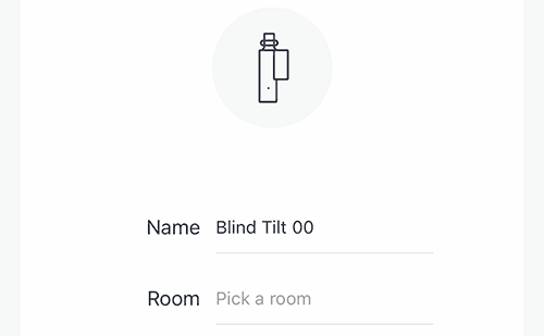 Screenshot showing the screen where you can name your BlindTilt device and assign it to a room.
