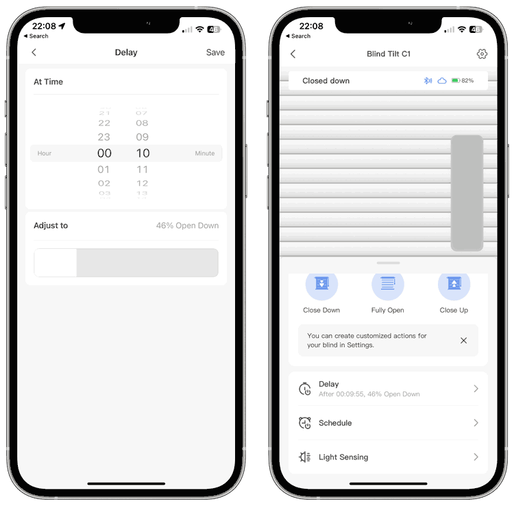 2 screenshots from the SwitchBot iOS app: 1: showing the delay/timer functionality of the BlindTilt. 2: showing the delay/timer counting down from the set time.