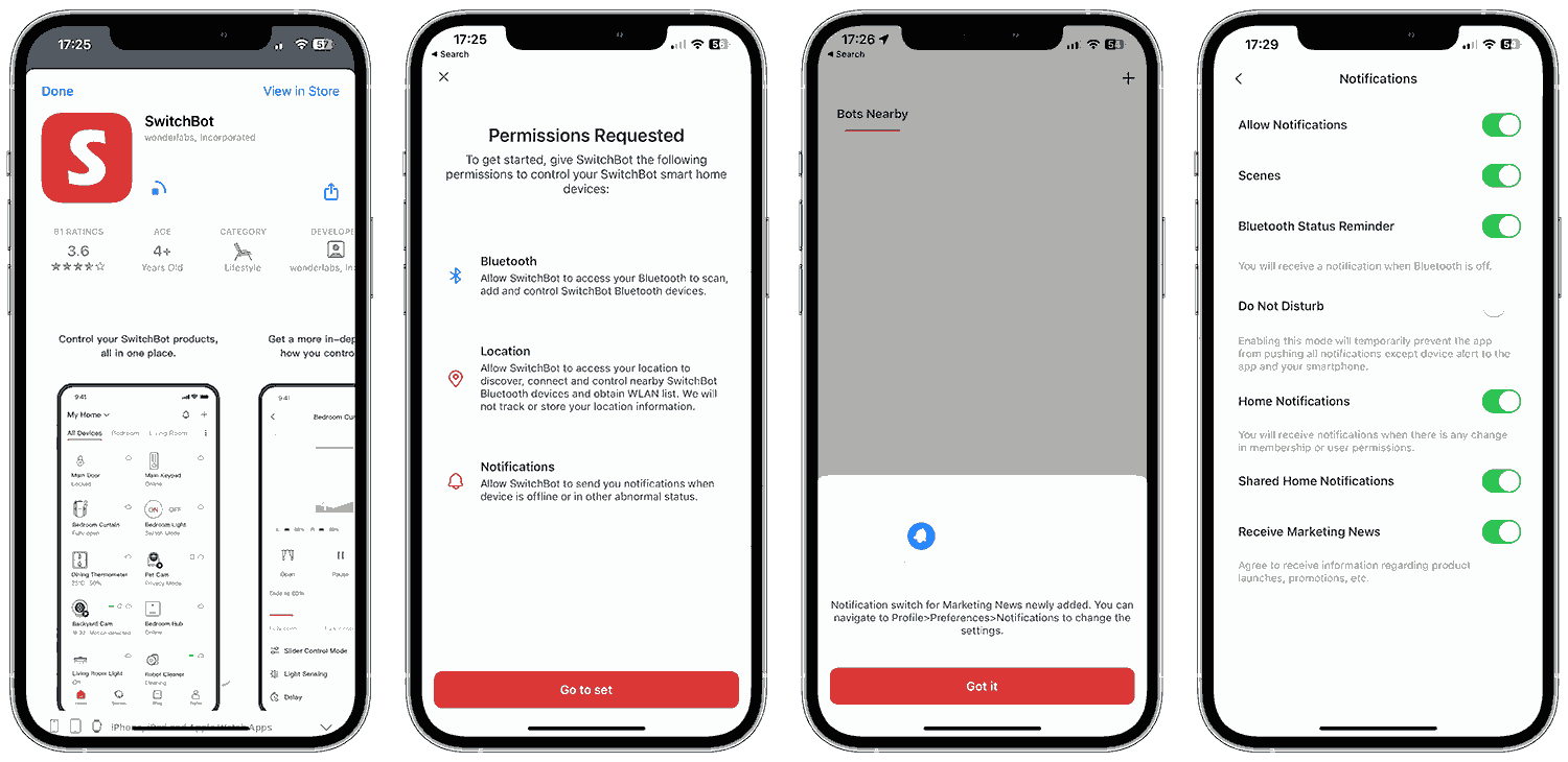 4 screenshots from the SwitchBot iOS app: 1: downloading the SwitchBot app from the App Store. 2: App requesting Bluetooth, Location and Notification permissons upon first opening the app. 3: notifcation explaining where to disable marketing news. 4: notification settings pane, show that receive marketing news defaults to 'on'.