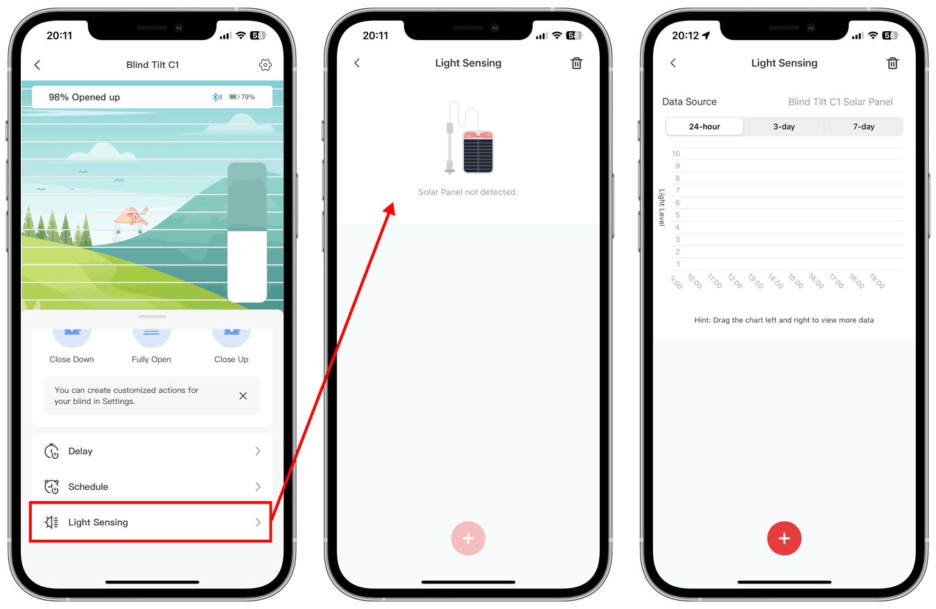 Screenshots showing where in the switchbot app the Light Sensing option is for the Blind Tilt. Second screenshot shows that no solar panel is detected (with no option to select an alternative data source). Third screenshot shows that the solar panel is connected, but again, no data source option.