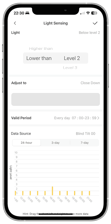 Screenshot from the SwitchBot iOS app showing the light-sensing schedule builder.