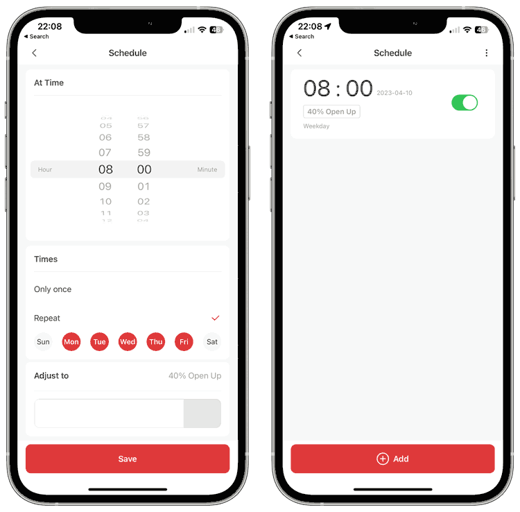 2 screenshots from the SwitchBot iOS app: 1: showing the scheduling functionality of the BlindTilt - example shows an 8am schedule for Monday to Friday, where the blind would open partially. 2: shows a listing of the created schedules, in this case, there is only one.