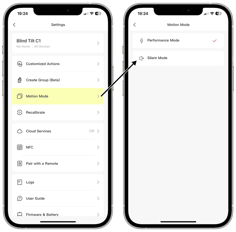 2 screenshots from the SwitchBot iOS app: 1: showing where 'Motion mode' is in the settings options. 2: where the option for Silent Mode can be found.