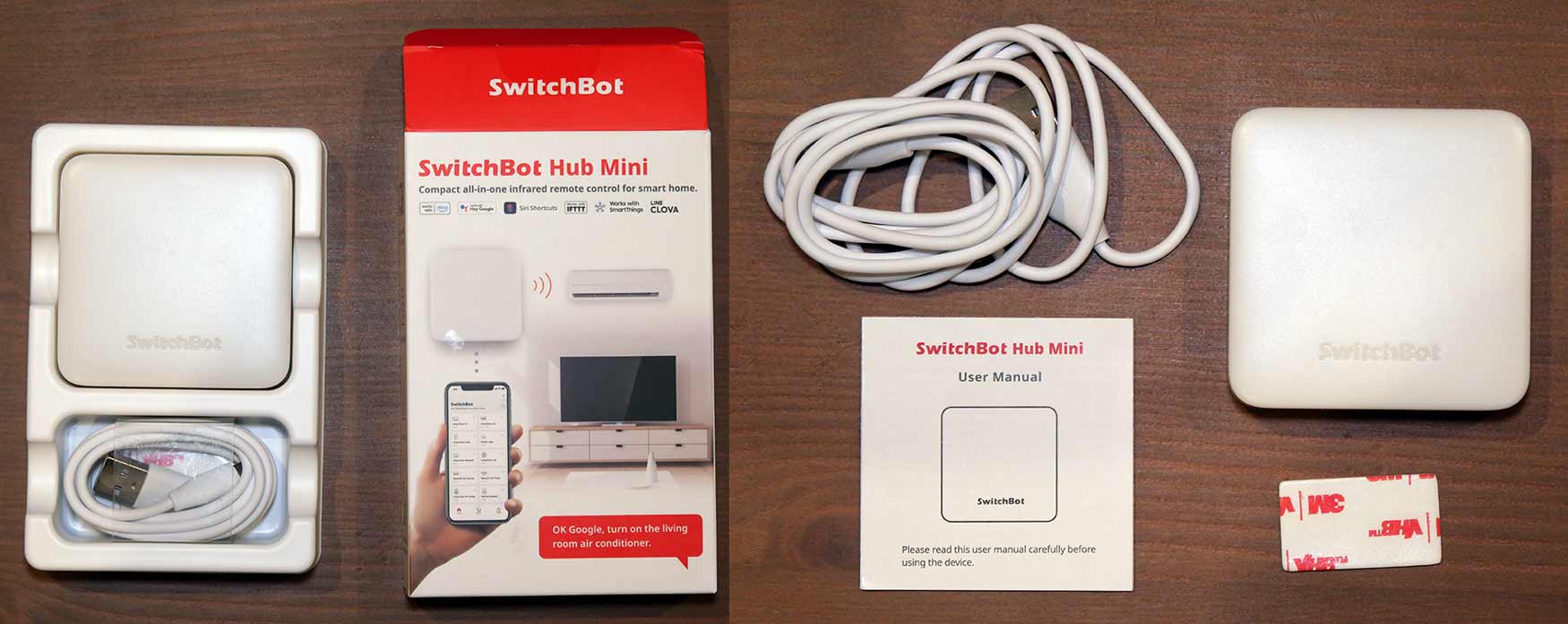 Two photos. 1: SwitchBot Hub mini in the inner packaging, along with a packaged microUSB power cable, alongside the outer box. 2: Photo showing the SwitchBot Hub Mini, the user manual, a USB power cable and a double-sided 3M adhesive pad.