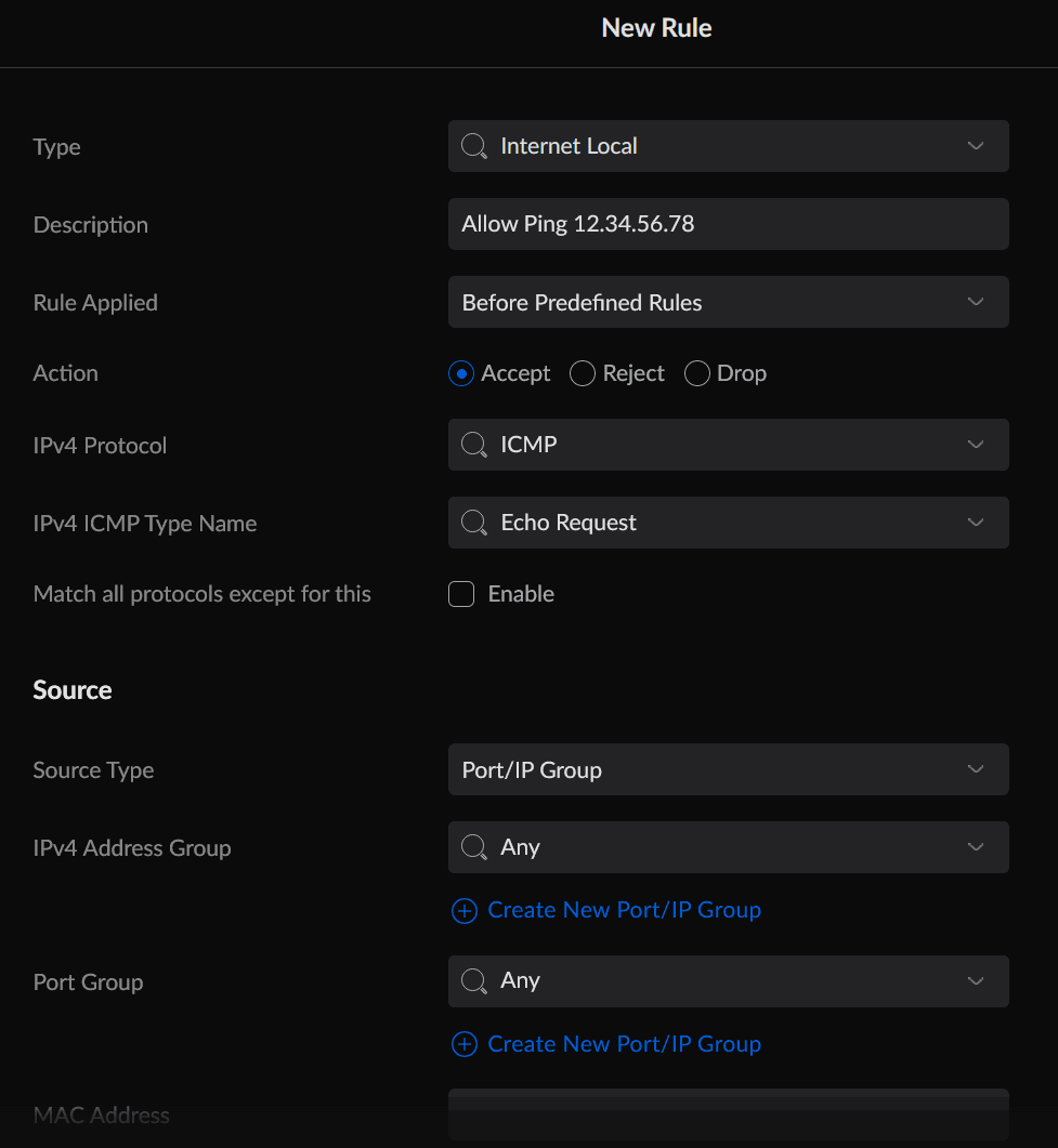 Screenshot showing the form to create a new firewall rule. An example rule named 'Allow Ping 12.34.56.78' is being created. IPv4 Protocol is set to ICMP, and IPv4 ICMP Type Name is set to Echo Request. The Source is left as default.