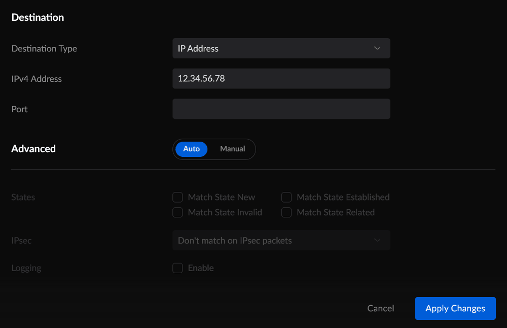 Screenshot showing the form to create a new firewall rule, continued from above. The Destination Type is set to IP Address, and the IPv4 address is set to the dummy example of 12.34.56.78.