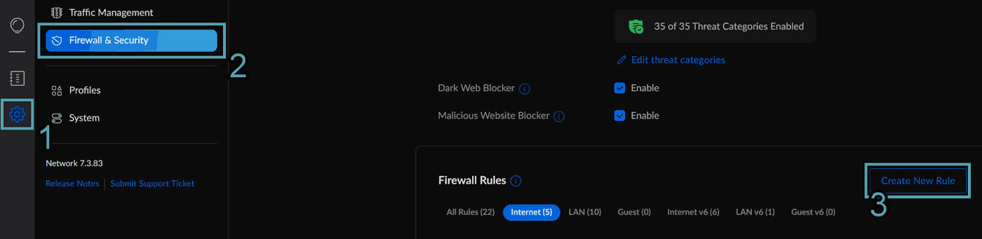 Screenshot of the UniFi UDM-Pro settings pane. Annotated to indicate how to get to Settings -> Firewall & Security -> Create New Rule.