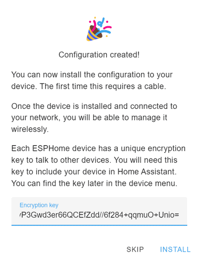 Screenshot showing the 'configuation created!' page. It includes instructions on installing via a cable, and includes the encryption key you'd need to add to Home Assistant.