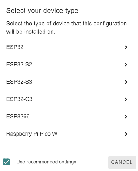 Screenshot giving the user a list of potential devices to choose from: ESP32, ESP32-S2, ESP32-S3, ESP32-C3, ESP8266, Raspberry Pi Pico W