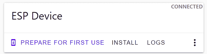 Screenshot of the box at web.esphome.io showing a connected ESP Device, with options for 'prepare for first use', 'install' and 'logs'.