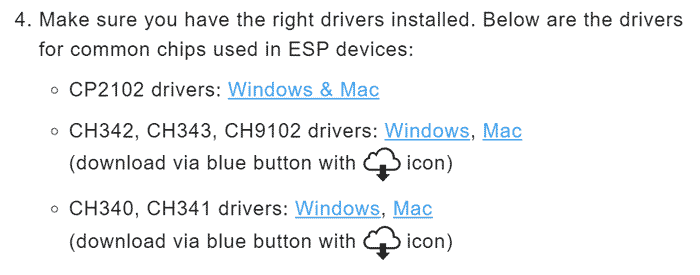 Screenshot from web.esphome.io showing a list (with download links) for the most common device drivers.