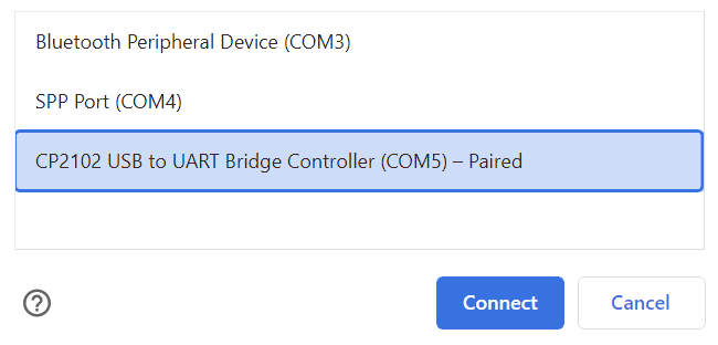 Screenshot showing a device selected following the WebSerial browser popup. The selected device is a CP2102 USB to UART Bridge Controller.