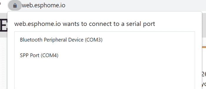 Screenshot showing web.esphome.io prompting the user to choose a serial port to connect to.