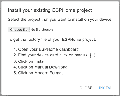 Screenshot showing the 'install your existing ESPHome project' pane. Prompting user to upload their project file, and giving instructions on how to download it from ESPHome if they haven't already.