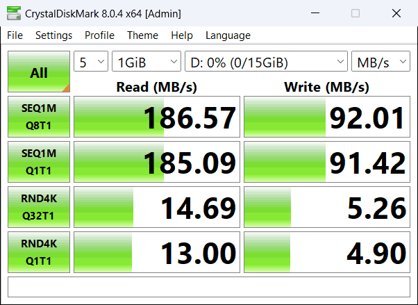 Screenshot showing the read/write performance from CrystalDiskMark. Seqeuantial read ~186MB/s, sequential write ~92MB/s. Random read ~14MB/s, random write ~5MB/s.