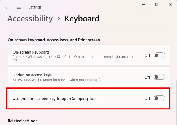 screenshot showing the option 'Use the Print screen key to open Snipping Tool' toggle