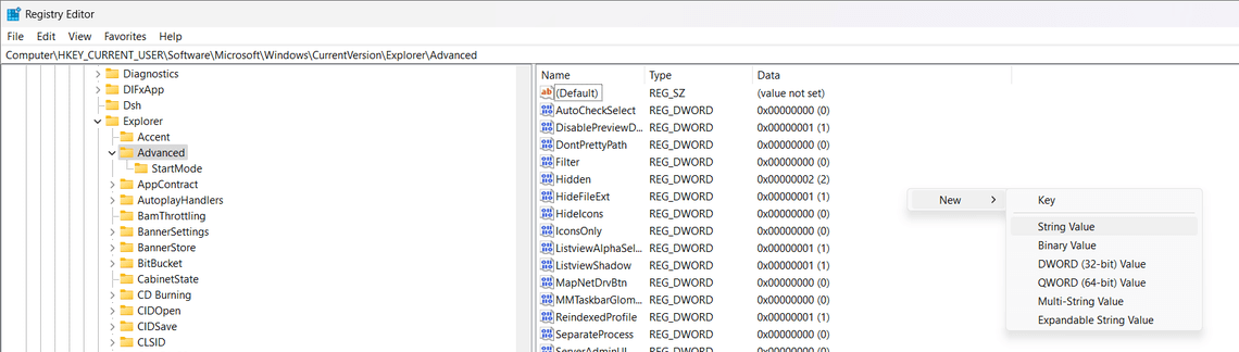 Screenshot showing the Windows registry editor, navigated to the path 'Computer\HKEY_CURRENT_USER\Software\Microsoft\Windows\CurrentVersion\Explorer\Advanced'.