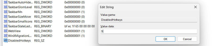 Screenshot showing creation of the 'DisabledHotkeys' string, with value 'S' in Windows registry editor, at path 'Computer\HKEY_CURRENT_USER\Software\Microsoft\Windows\CurrentVersion\Explorer\Advanced'