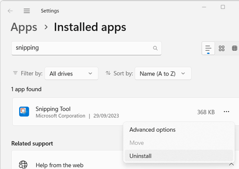 screenshot showing the Windows 'Installed apps' pane with a prompt for uninstalling Snipping Tool.